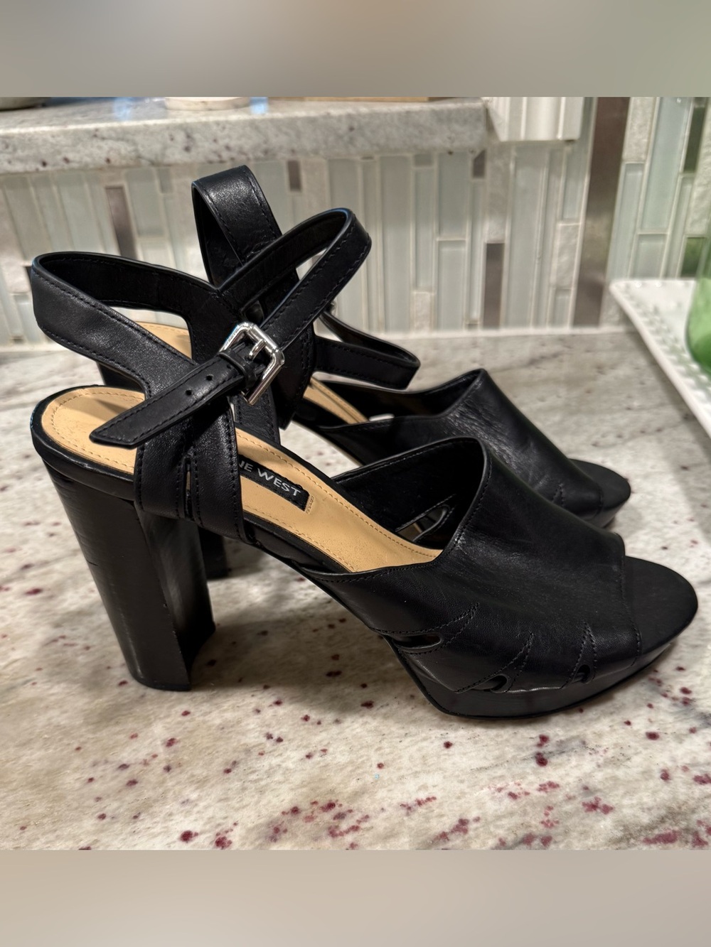 Nine West Black Leather High Block Heel Sandals